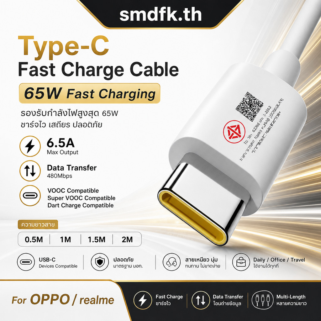 สายชาร์จเร็ว Type-C 65W 6.5A รองรับ VOOC/SuperVOOC/Dart สีขาว เลือกยาว 0.5/1/1.5/2M สำหรับ OPPO real