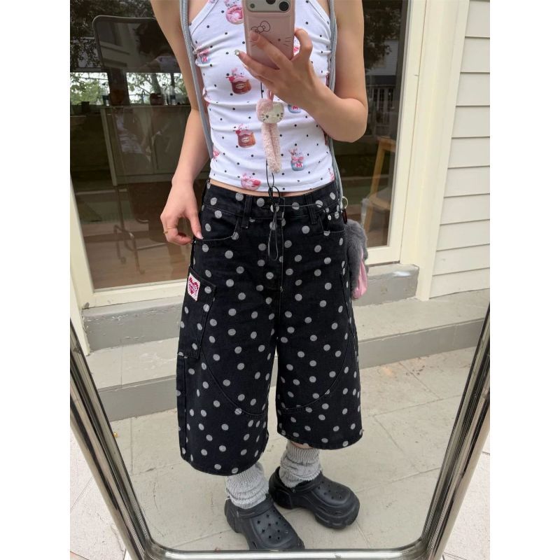 [โปรโมชั่นจํากัดเวลา] American Retro ขนาดใหญ่ Polka Dot พิมพ์ Denim Cropped ผู้หญิงตรง Slimmer ดูกางเกงขากว้าง