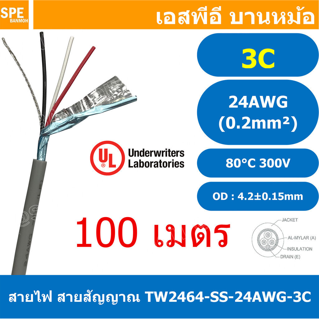 [ 100 เมตร ] TW-2464SS-24AWG-03C สายมัลติคอร์ 3 คอร์ ขนาด 24AWG 3C x 24AWG UL2464 300V 80°C AWG24 เบ