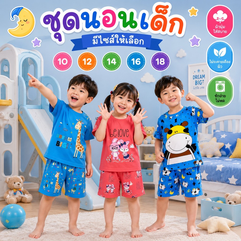 ชุดนอนเด็ก เเขนสั้น-ขาสั้น เลือกลายได้ มีไซส์ให้เลือก พร้อมส่ง #ZN14