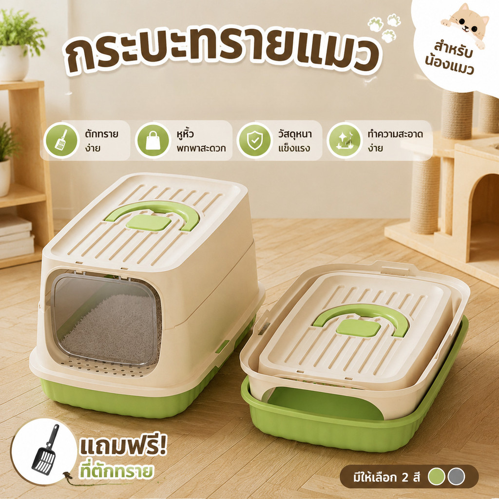 กระบะทรายแมว ห้องน้ำแมวกันเก็บกลิ่น การออกแบบปิด กึ่งปิดล้อม ป้องกันกลิ่นป้องกันการกระเด็นของทราย สามารถพับเก็บได้