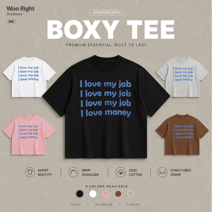 COD จัดส่งตลอด 24 ชั่วโมง Woo Right Boxy crop tee เสื้อยืดครอป I love my job I love money เสื้อยืดผ