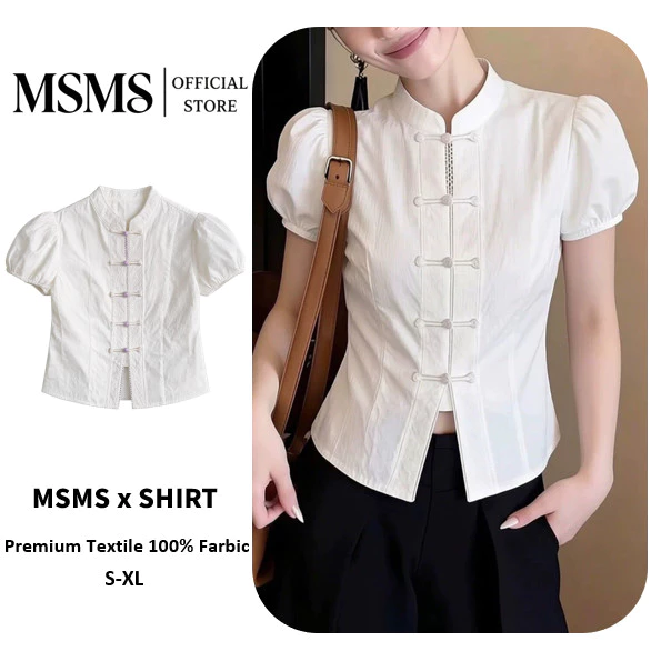 MSMS Mandarin Collar, Puff Sleeve, New Year Blouse เสื้อเชิ้ตผู้หญิงคอจีนดัดแปลง แขนฟอง มีปมผ้า เอวรัดซ่อนรูป ยอดฮิตเทศกาลตรุษจีน ขนาด S-2XL