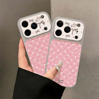 หัวใจลายตารางสีชมพู เคส For iPhone 13 11 17 15 16 12 14 Pro Max 15promax เคสโทรศัพท์หนังแกะ เคสโทรศัพท์ เคสมือถือ Case