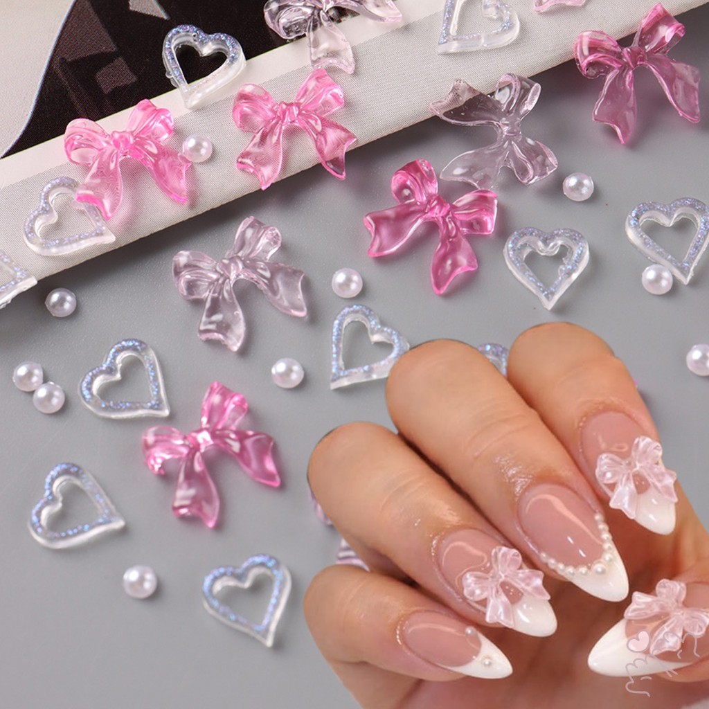 S-323 Jelly Nail Art Decorative With Bowknot Heart Pearl Design สําหรับเล็บฤดูร้อน