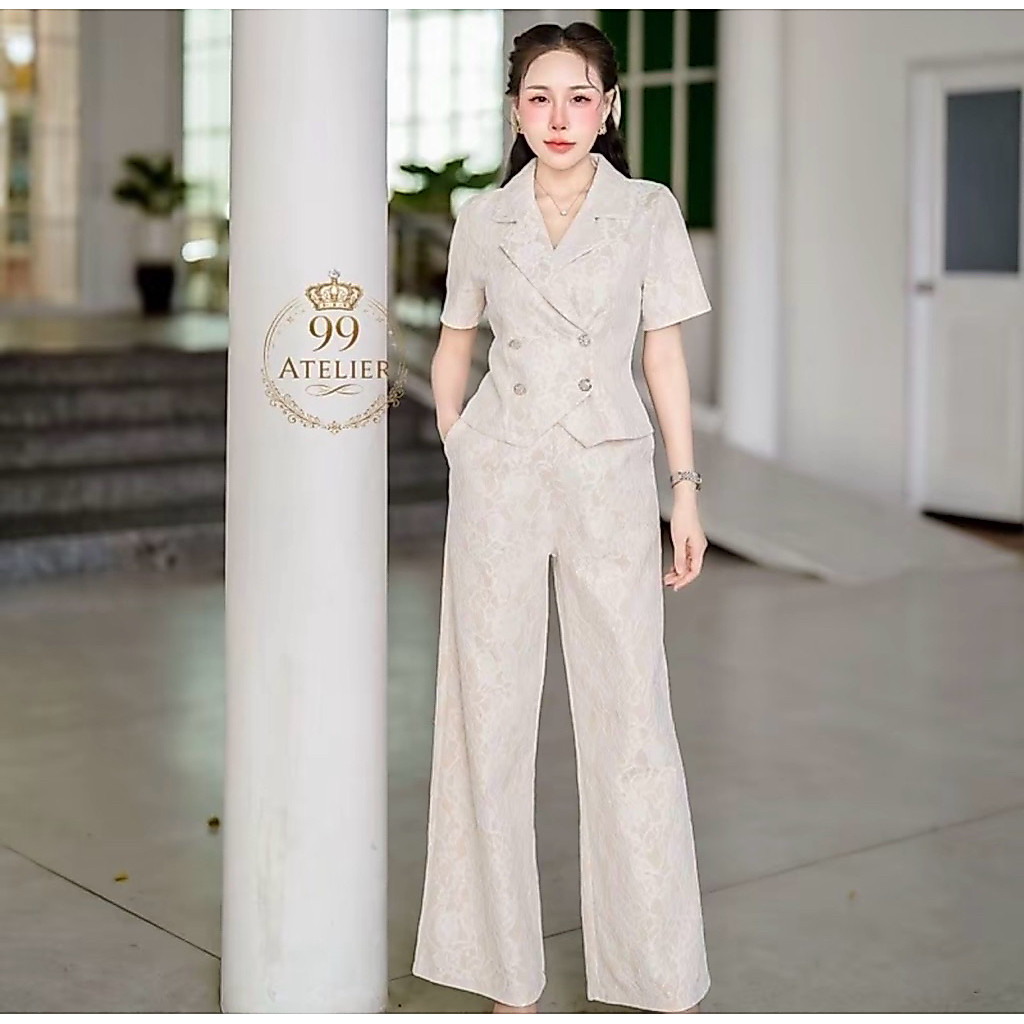 (ปกติ เสื้อยาว 20 กางเกงยาว 40) ชุดลูกไม้ ชุดสูท ผ้าลูกไม้ งานป้าย atelier