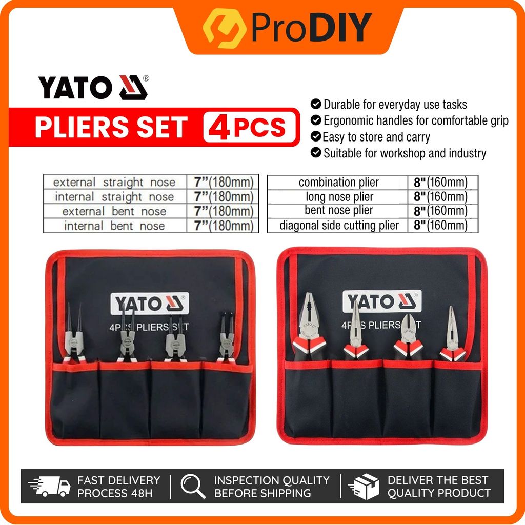 YATO 4PCS Plier Set Ergonomic Handles Circlip Plier Set Heavy Duty Hand Tool Maintenance Work