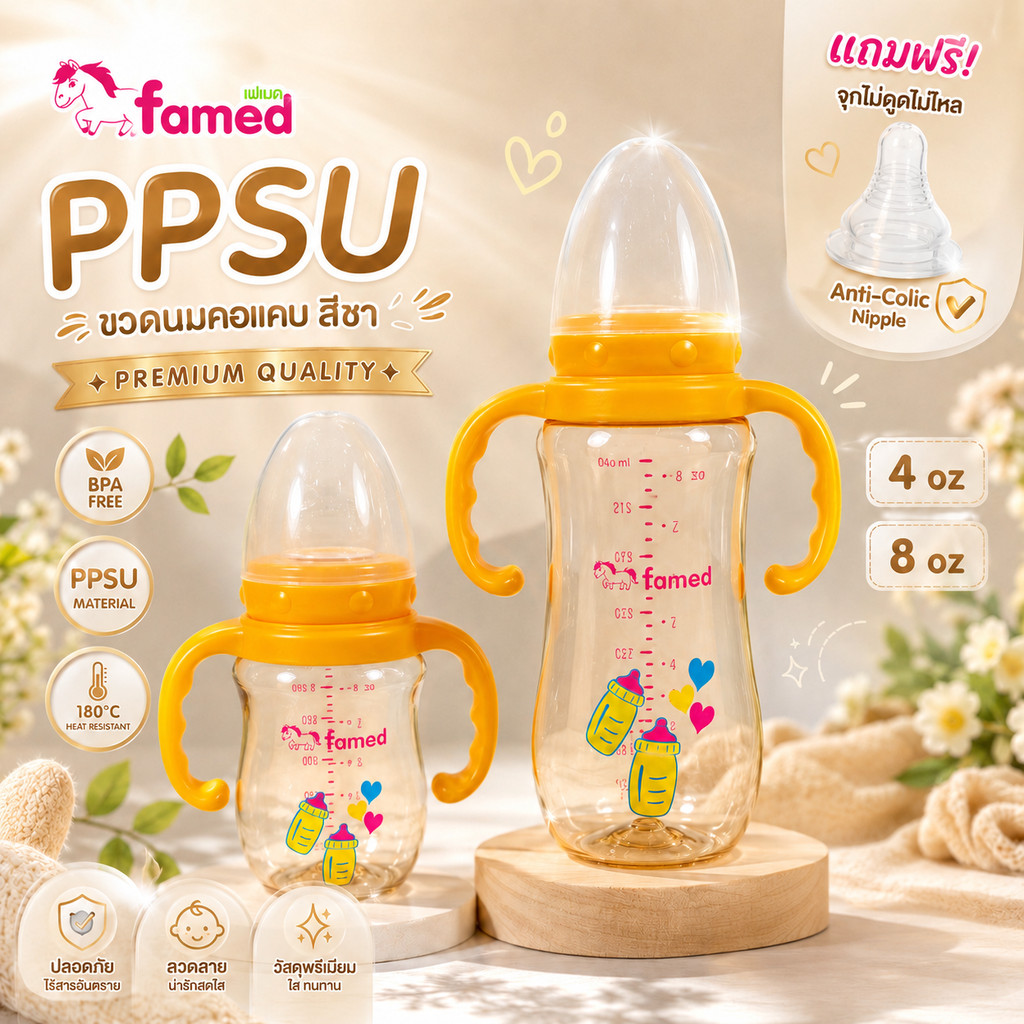 ขวดนมคอแคบ famed เฟเมด มีแขนจับ PPSU สีชา 5ออนซ์ และ 8ออนซ์ 👍ของใหม่
