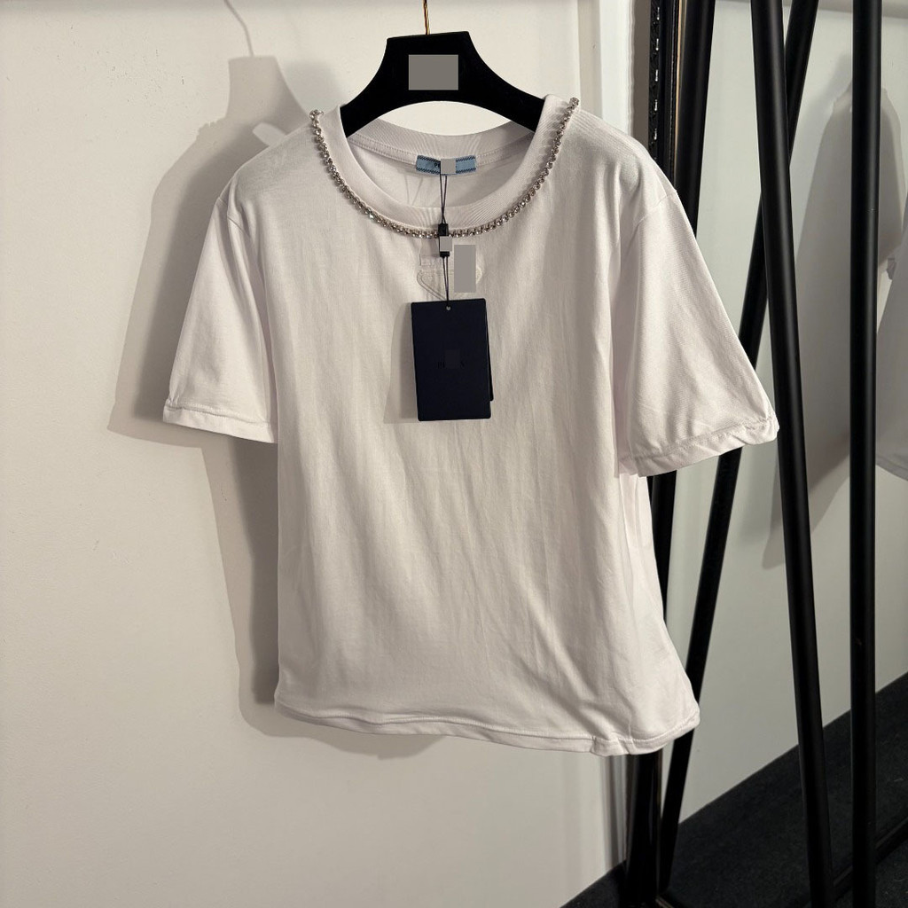 Q7DA PR*A Diamond-embellished round neck, back label patch, pure cotton short sleeves T Shirt