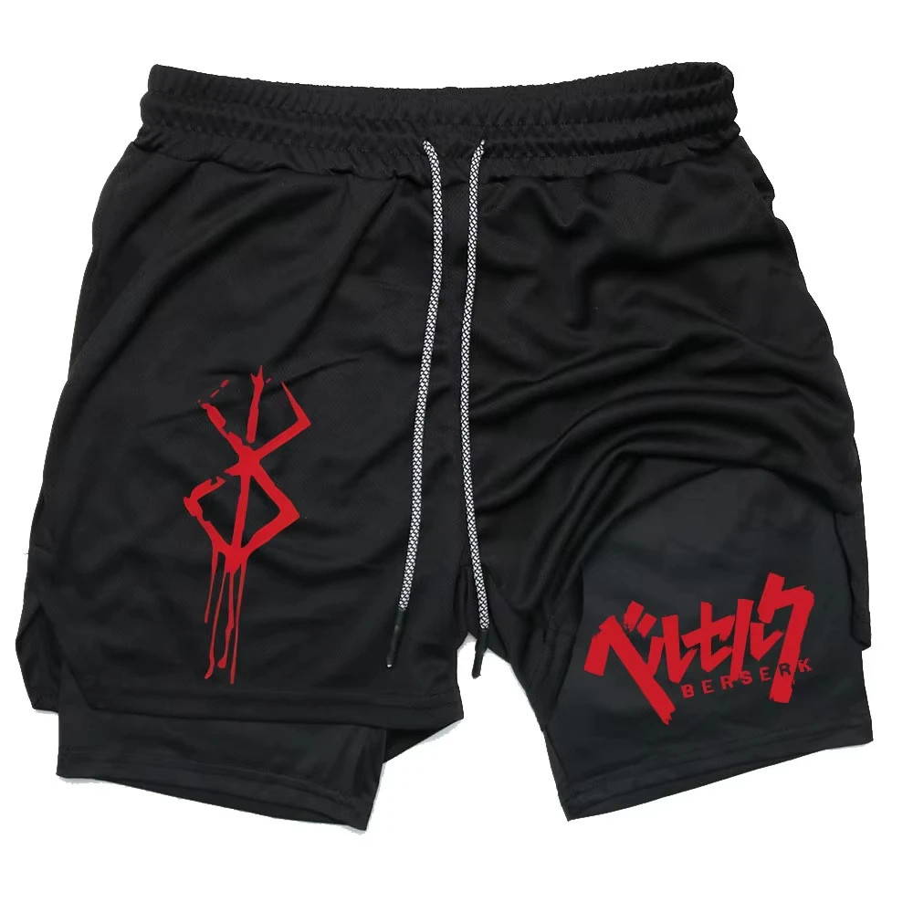 อะนิเมะ Berserk Performance กางเกงขาสั้นผู้ชาย 2 in 1 Running Compression Shorts การฝึกอบรมโยคะยิมชุดกีฬาออกกําลังกายกางเกงขาสั้นพร้อมกระเป๋า