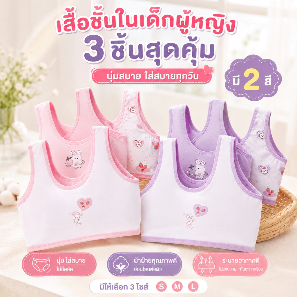 เสื้อในเด็กหญิง บราไร้โครง ผ้านุ่ม ใส่สบาย ไม่อับชื้น ระบายอากาศดี เหมาะสำหรับวัย 6-15 ปี