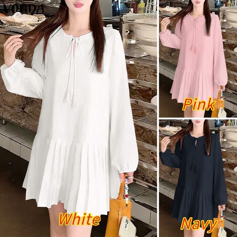 VONDA ผู้หญิงเกาหลีสไตล์ลําลองรอบคอ V Notch Tie พู่ชีฟอง Spliced ยืดหยุ่น Cuff พัฟแขนหลวมเสื้อสวมหัววันหยุดแขนยาวมินิเดรส — صورة 3