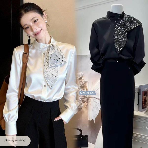 เสื้อเชิ้ตผ้าซาตินสีขาว ดีไซน์ผูกโบว์ แขนยาว ไซส์ใหญ่ หรูหราและดูดีมีระดับประดับเพชรเทียมแบบงานประณีต ใส่ทำงานได้#99432