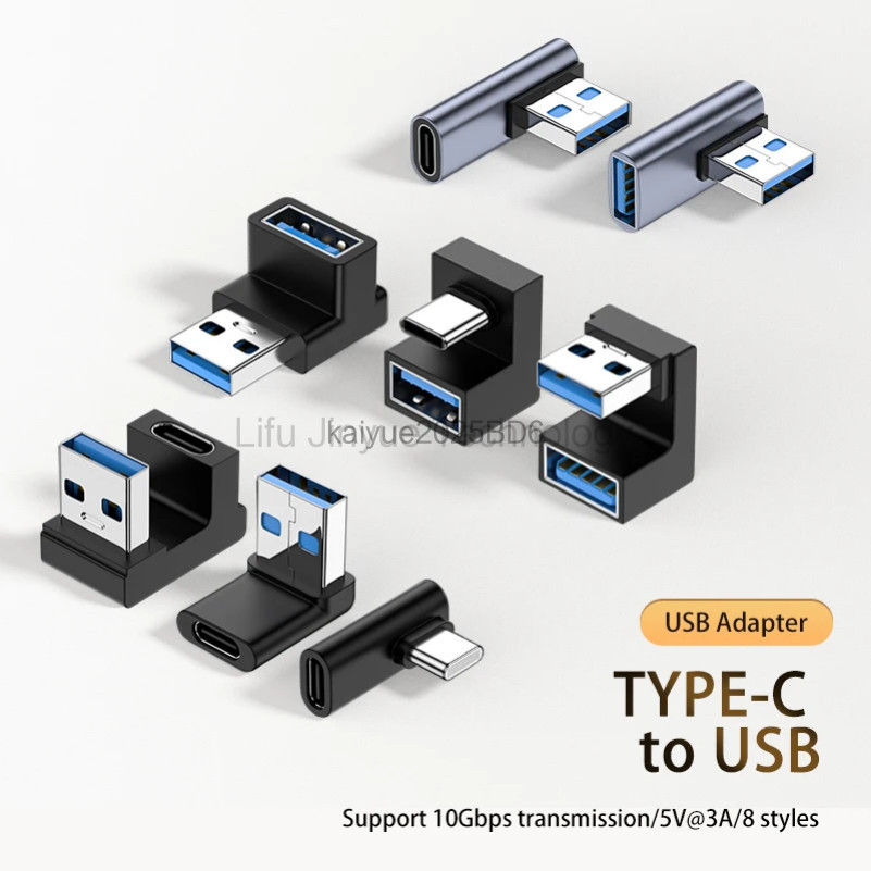 LIKAIYUE อะแดปเตอร์ USB อะแดปเตอร์ขยาย USB 3.0 มุมขวา 90 องศาอะแดปเตอร์ OTG ข้อศอกขึ้น 10Gbps ขั้วต่อความเร็วสูง