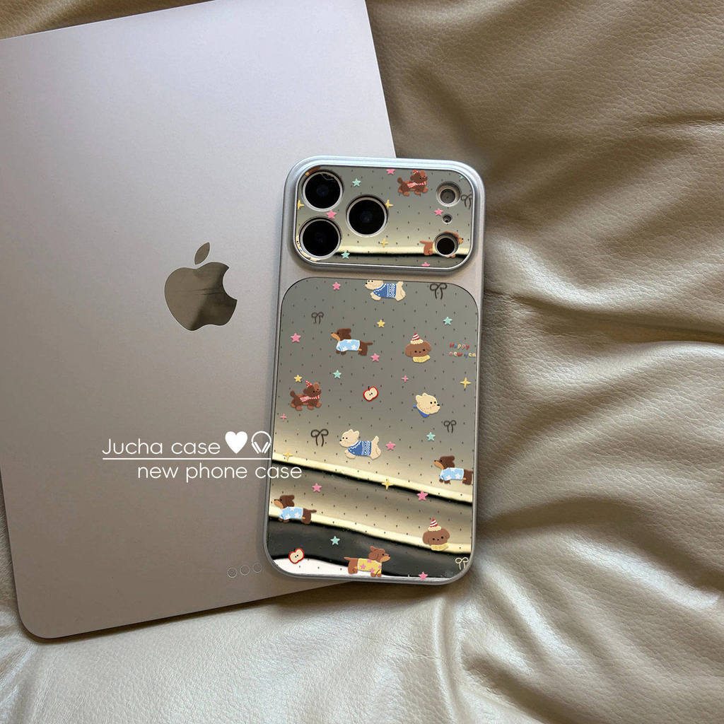 เหมาะสําหรับ Apple 17promax เคสโทรศัพท์กระจกสไตล์ใหม่กันกระแทกหญิง 14 การ์ตูนน่ารัก iphone15 High-End เคสป้องกันเลนส์รวมทุกอย่าง ip16 สนุก Creative Polka Dot Star Puppy