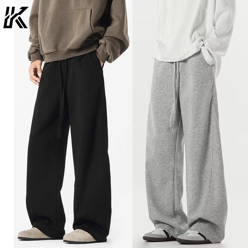 กางเกงวอร์มเฮฟวี่เวททรงหลวมสําหรับผู้ชาย High Street Drape Casual กางเกงขากว้างขนาดใหญ่ฤดูใบไม้ร่วงฤดูหนาว Comfy สีดําสีเทาขนาดบวก