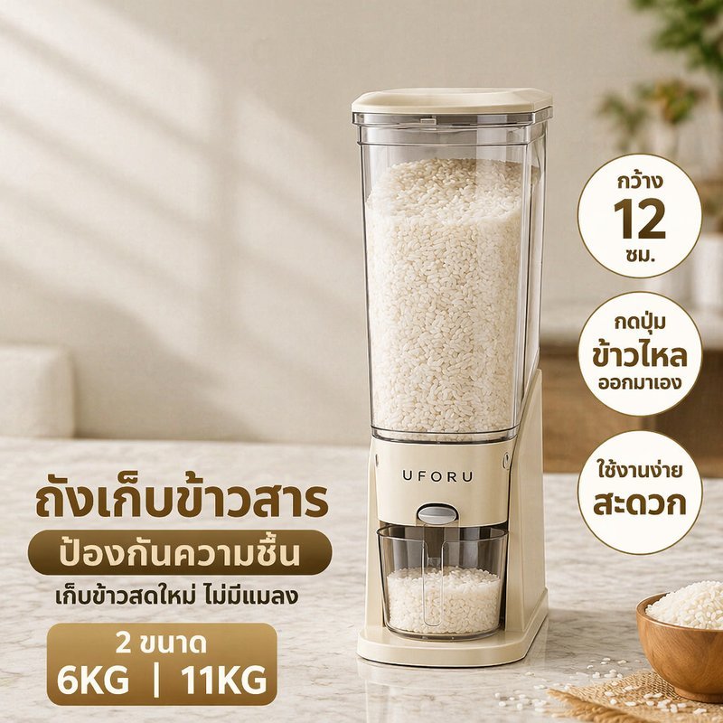ถังข้าว ถังเก็บข้าวสาร กันชื้น กันแมลง กดข้าวอัตโนมัติ ประหยัดพื้นที่ ครัวขนาดเล็ก