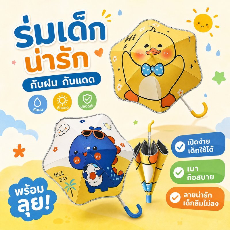 ร่มเด็ก ร่มกันฝนเด็ก ร่มนักเรียน กันแดด UV50 ด้ามยาว ลายการ์ตูน ปลอดภัย กันหนีบ สะท้อนแสง
