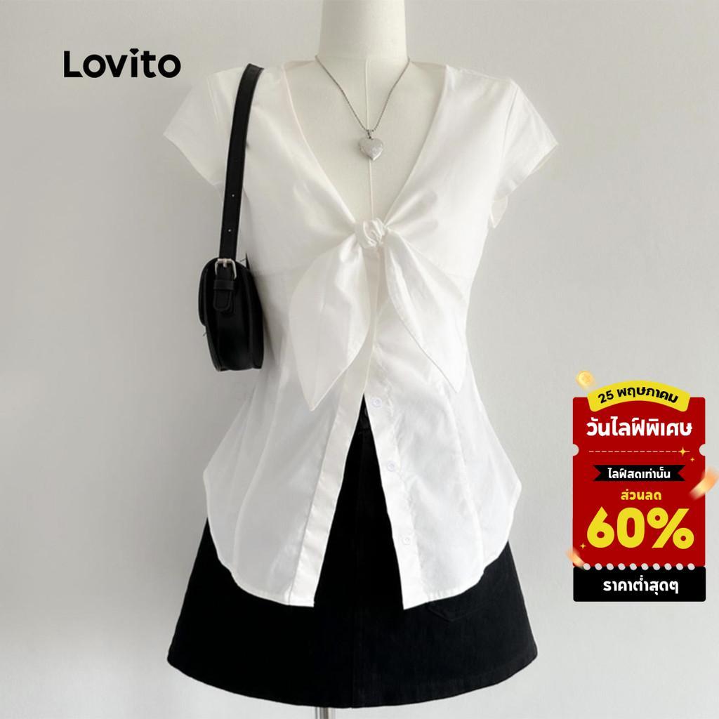 Lovito เสื้อลําลองเสื้อติดกระดุมผูกเชือกธรรมดาสําหรับผู้หญิง L87ED024