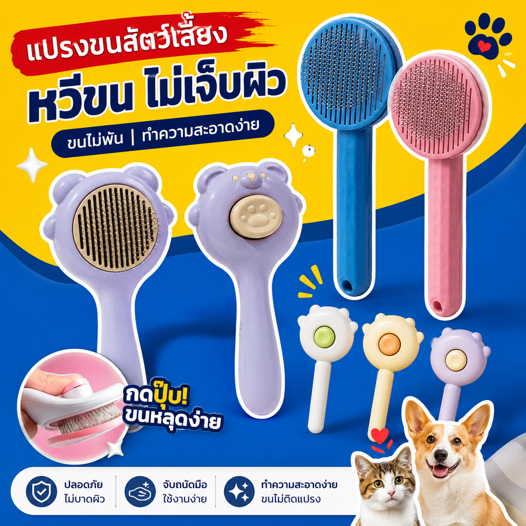 แปรงขนแมว ที่แปรงขนสัตว์เลี้ยง ทำความสะอาดง่าย  ง่ายต่อการใช้  มีปุ่มดันขนออก หมา แมว มีหลายสไตล์
