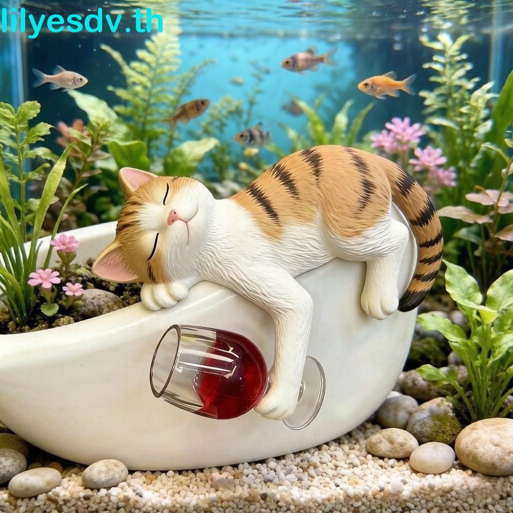 LILYES แมวถือรูปปั้นแก้วสีแดง, เรซิ่นสมจริงแมวแขวนกระถางดอกไม้, ตลกกันน้ํา Weather-Resistant ตกแต่ง Lying Kitty เครื่องประดับ Patio