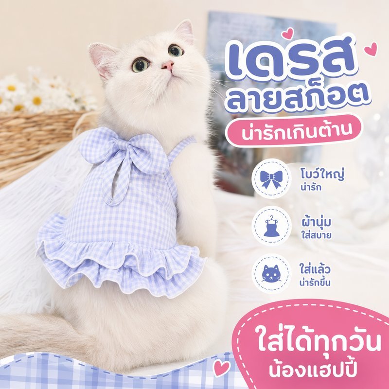 ชุดเดรสสัตว์เลี้ยง ลายตาราง โบว์หลัง เสื้อแมว เสื้อหมาเล็ก ระบายอากาศ ใส่สบาย แฟชั่น หน้าร้อน