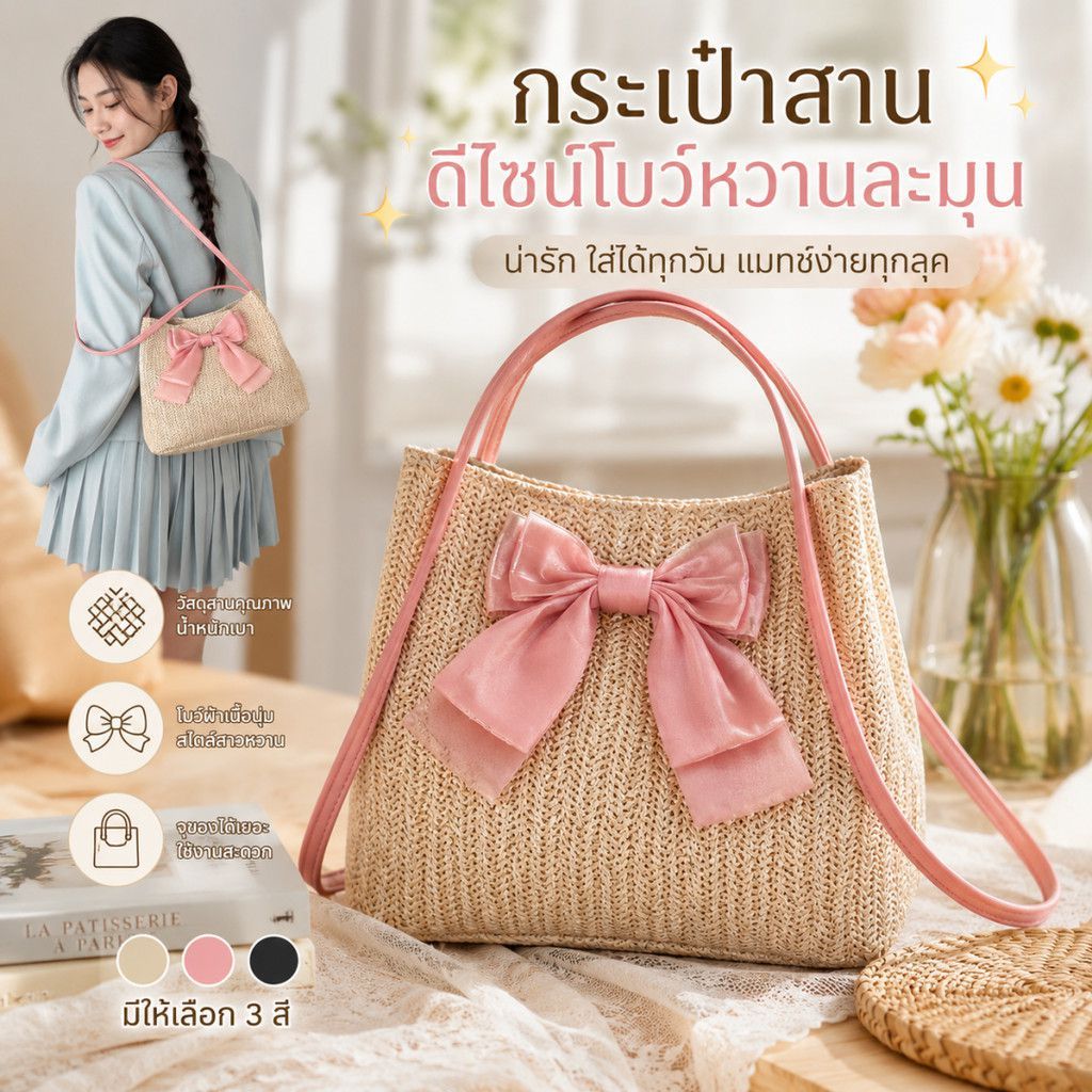 กระเป๋าทอทเบา ระบายอากาศดี เหมาะอากาศร้อน สะพายไหล่ใหญ่ ผูกโบว์ซาติน 【LuckServeX】
