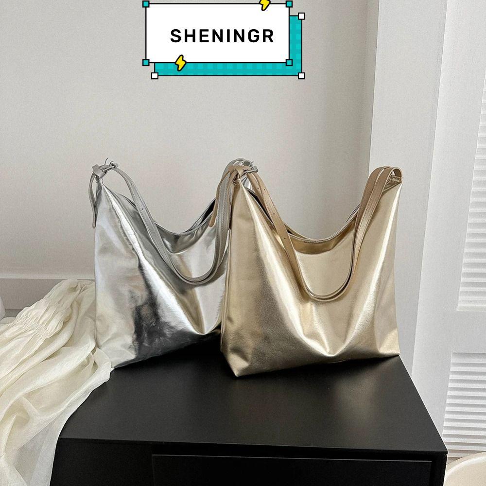 SHENING5R กระเป๋าช้อปปิ้ง, กระเป๋าหนัง PU สีทองสีเงิน, กระเป๋าถือหูหิ้วด้านบนความจุสูงผู้หญิง