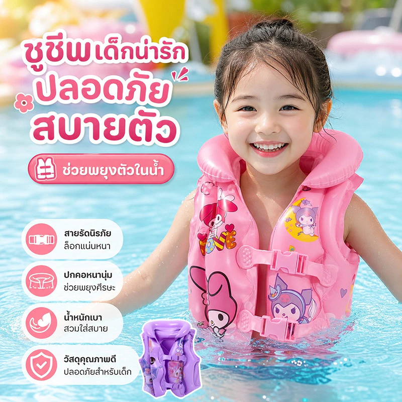 ชูชีพเด็ก เสื้อกั๊กชูชีพแบบเป่าลม วัสดุ PVC รับน้ำหนักได้มาก ใส่ง่ายและถอดง่าย รูปภาพการ์ตูนน่ารั