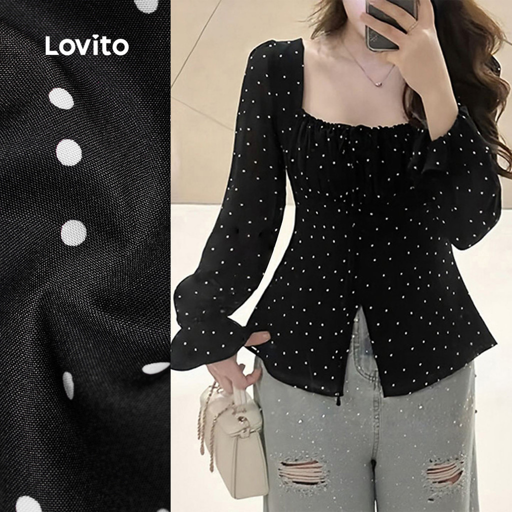 Lovito Casual เสื้อเบลาส์ผู้หญิง ผูกเชือก สีดํา สไตล์ลําลอง ฤดูใบไม้ร่วง ฤดูหนาว งานศพ L159AD021