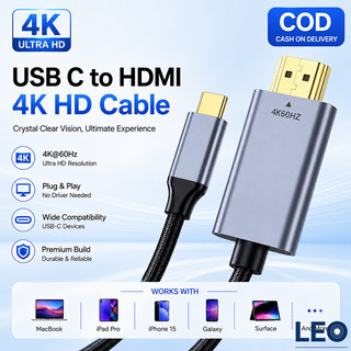 USB Type C ถึงสาย HDMI 4K สําหรับ iPhone 16/15 MacBook Pro/Air iMac iPad Pro Galaxy พื้นผิว Dell HP