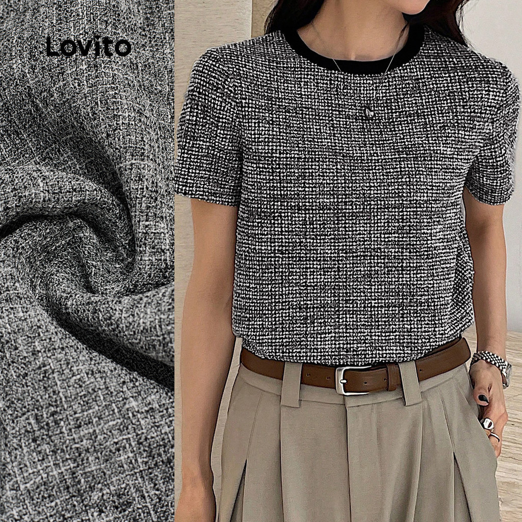 Lovito เสื้อบุขนานาวันธรรมดา สีบล็อก ขอบคาร์ทแรคท์ แบบเรียบง่าย ฤดูใบไม้ผลิ/ฤดูร้อน สีดำ L138ED010