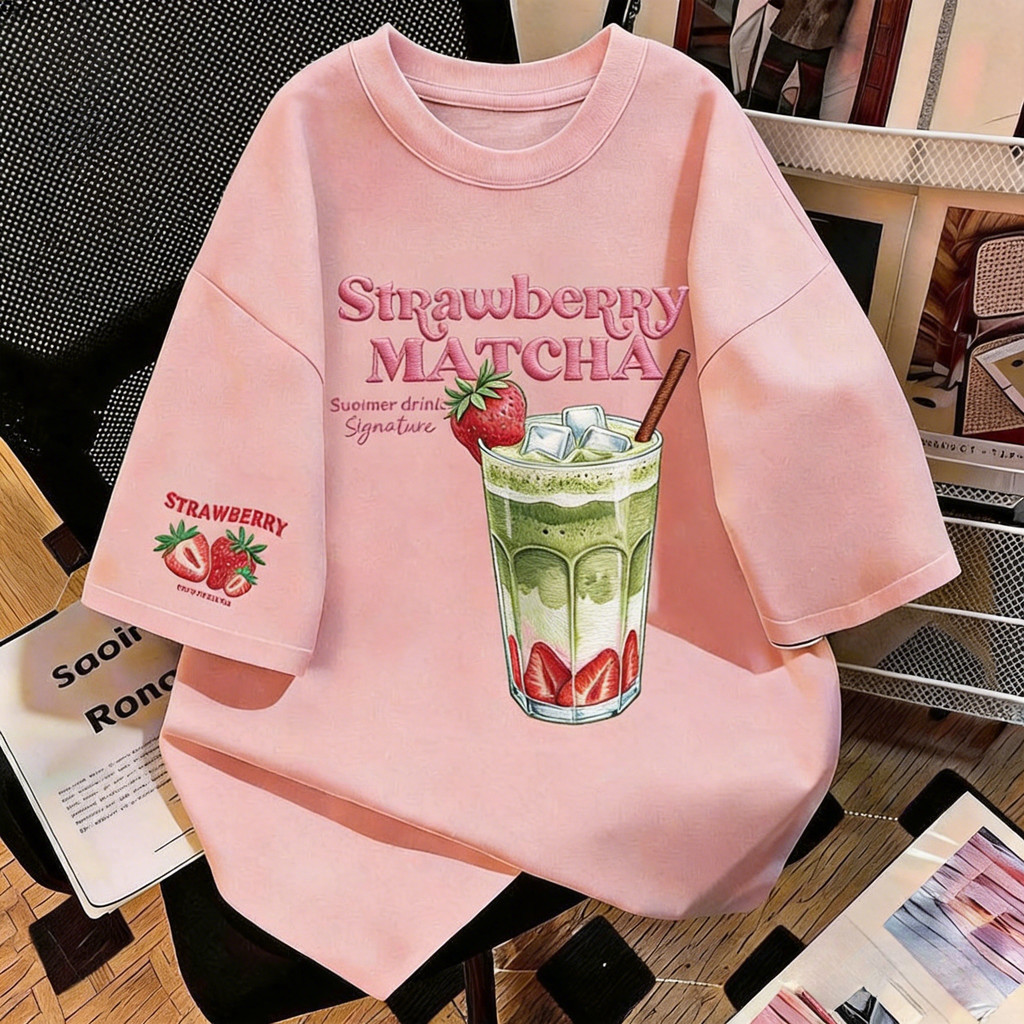 🍦ChillTee🍦เสื้อผ้าผู้หญิงแฟชั่นน่ารัก สกรีนลาย “Strawberry matcha” ผ้าCOTTONโคตรนุ่มOVERSIZEเสื้อยืดผู้หญิง【COD】