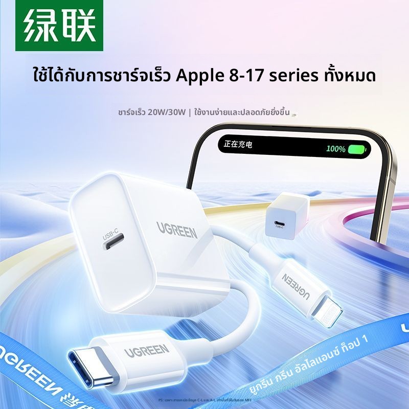 UGREEN หัวชาร์จ GaN 20W/30W PD ชาร์จเร็ว iPhone 17 Pro Max/16/15 ชุดสายชาร์จ