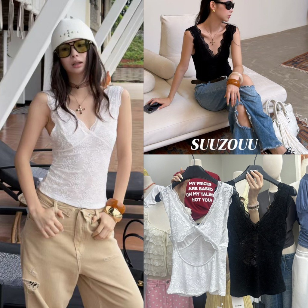 💖🎀 SU275 เสื้อแขนกุด ผ้าลูกไม้ คอวีลึก สวยเซ็กซี่มากๆค่า ด้านหลังเว้า ผ้านิ่มใส่สบาย แฟชั่นเกาหลี TAG MM Fish 💖🎀