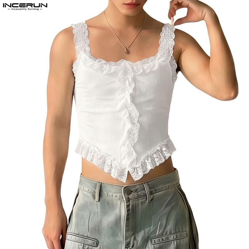 INCERUN เสื้อกล้ามคอวีประกบลูกไม้สําหรับผู้ชาย