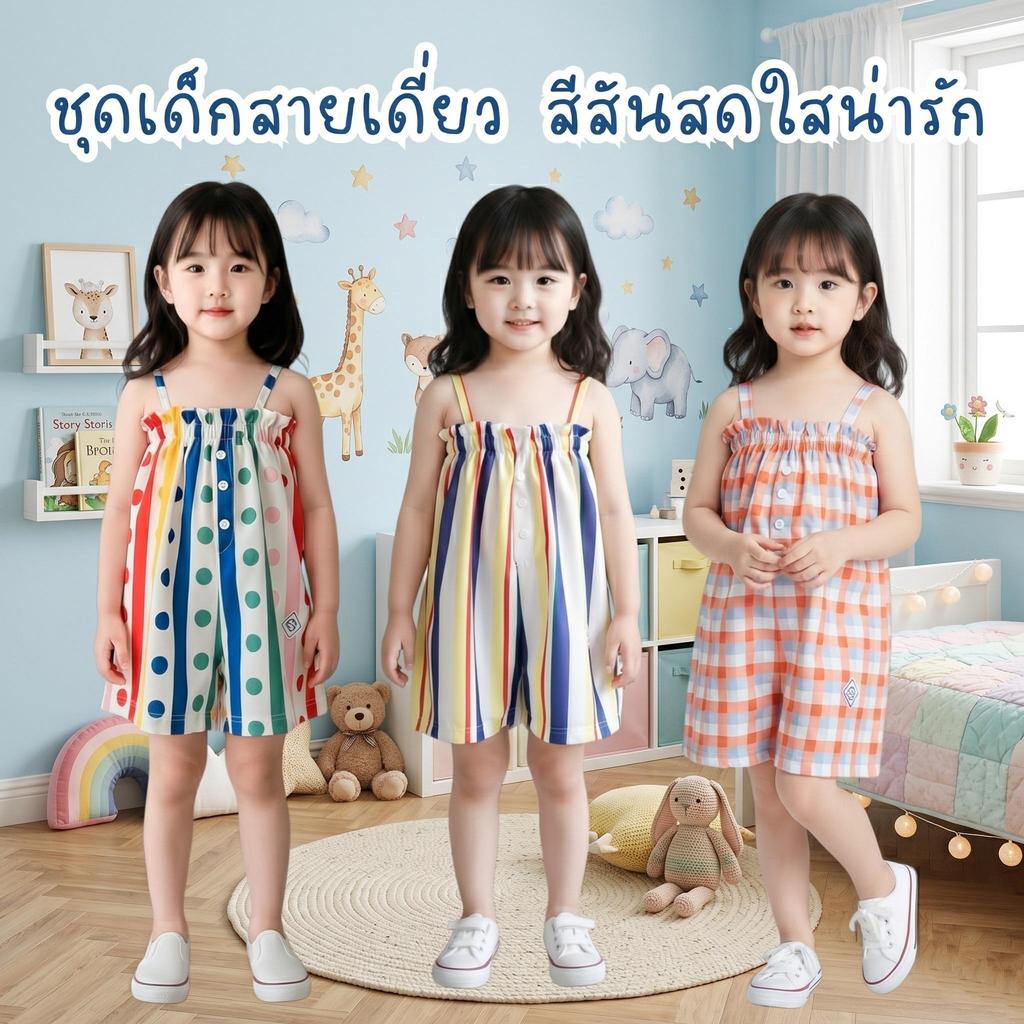 Modeng Baby ชุดสายเดี่ยว ลายทาง สี้รุ้ง  สายสก็อตส้ม เด็กหญิงน่ารัก ไซต์ 90-150เซน น่ารัก ผ้านิ่ม ใส่สบาย