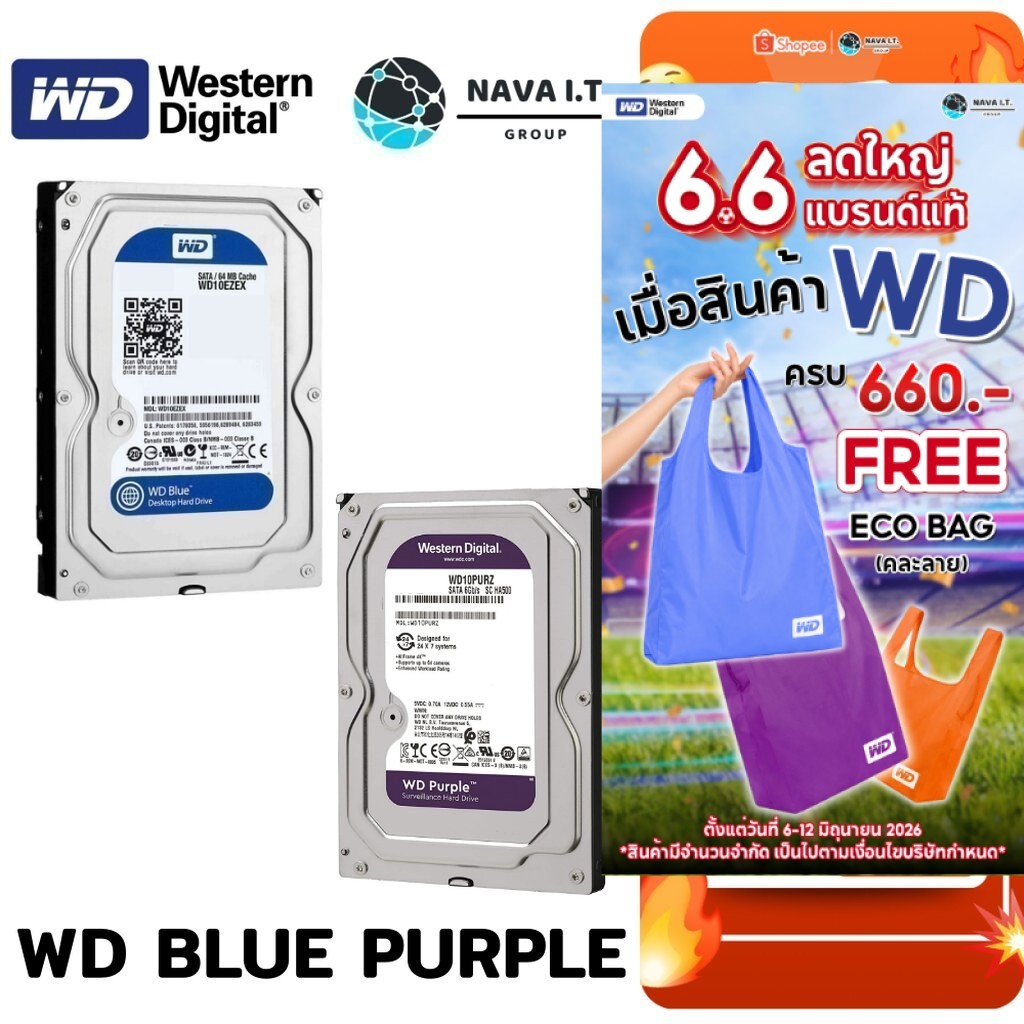 WD HDD ฮาร์ดดิสก์ WD BLUE สำหรับ PC WD PURPLE สำหรับกล้องวงจรปิด สูงสุด 7200RPM