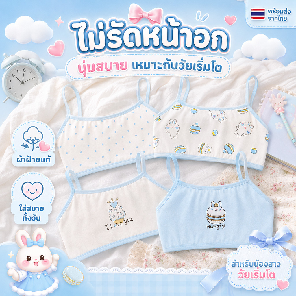 เสื้อกล้ามบราเด็กสาววัยเจริญเติบโต ผ้าฝ้าย ลายการ์ตูน ไร้โครง ไม่รัดอก ระบายอากาศดี แพ็คหลายตัว อายุ6-15ปี