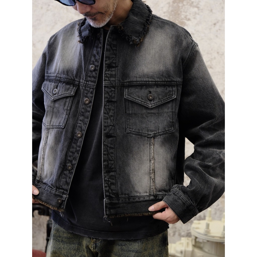 Labour union Retro Washed Destruction Denim Jacket Jacket Red Ear Red Edge ผ้า LU727