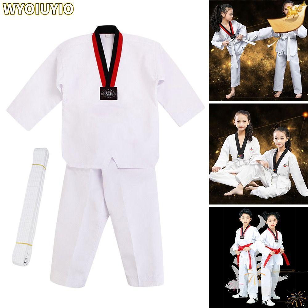 WYOIUYIO เด็ก TKD เครื่องแต่งกาย,ผ้าฝ้ายสีขาวเทควันโดเครื่องแบบ,แฟชั่น V คอยาวแขนยาว Professional WT