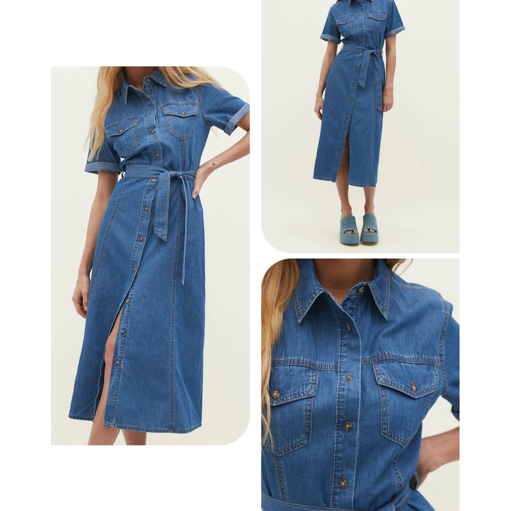 Str Denim dress เดรสยีส์สีฟอก ผ้านิ่ม แต่งเชือกผูกเอว แท้ 100%