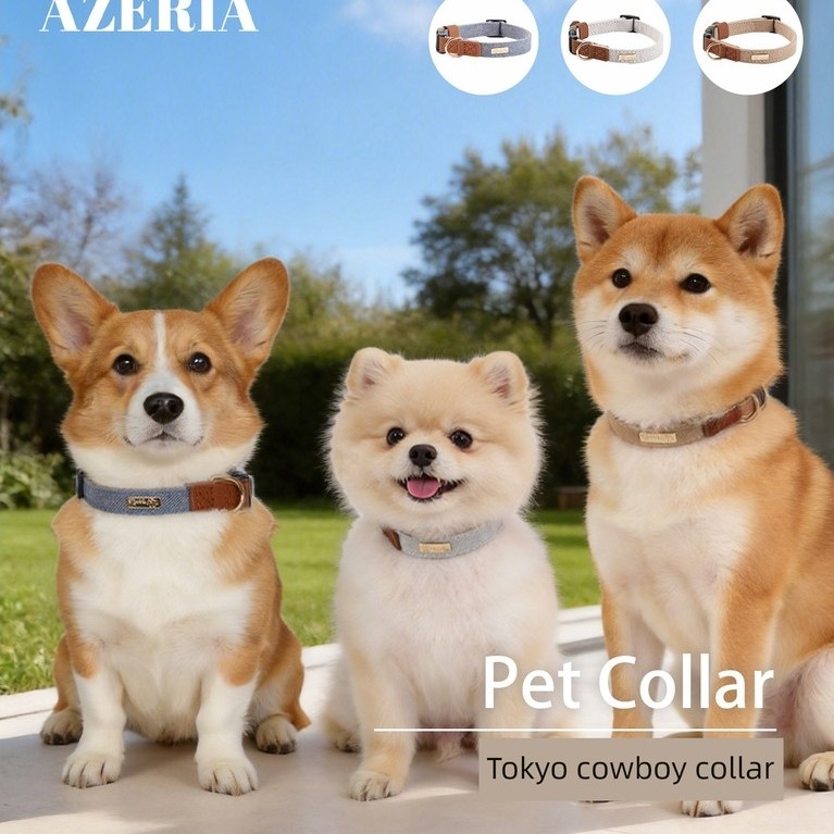 ปลอกคอสุนัขเล็ก ปลอกคอสุนัข AZERIA สัตว์เลี้ยงสุนัขเขียนได้ Denim COLLAR สุนัขขนาดเล็ก Anti-Lost Saf