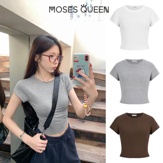< MOSESQUEEN > เสื้อผ้าสกรีนแบบแขนสั้น ชุดพื้นฐานฤดูร้อน ขนาดเล็ก รูปทรงหลวม ด้านหน้า ไหล่ คอต้องห้าม เสื้อผ้าสกรีนแบบคอปก ลำตัวเรียบ สีเดียว #63435
