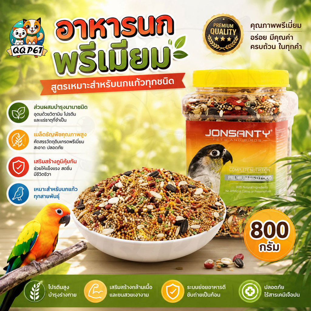 QQPET อาหารนกพรีเมี่ยม สูตรเหมาะสำหรับนกแก้วทุกชนิด 800กรัม/กระป๋อง  ประกอบด้วยส่วนผสมบำรุงนานาชนิด