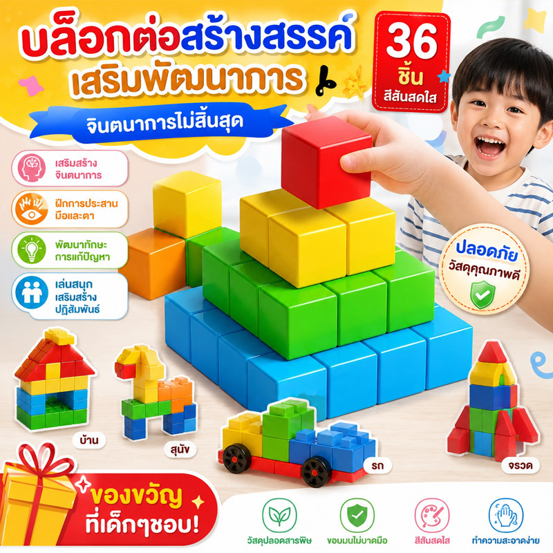 36pcs ของเล่นบล็อกตัวต่อ ตัวต่อแม่เหล็ก ของเล่นตัวต่อ 3 มิติ ของเล่นเสริมพัฒนาการ
