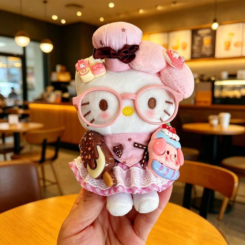 Cute Ice Cream Glasses Chef Kitty Package Pendant Plush Key Chain Figurine Doll Bag Schoolbag Pendan