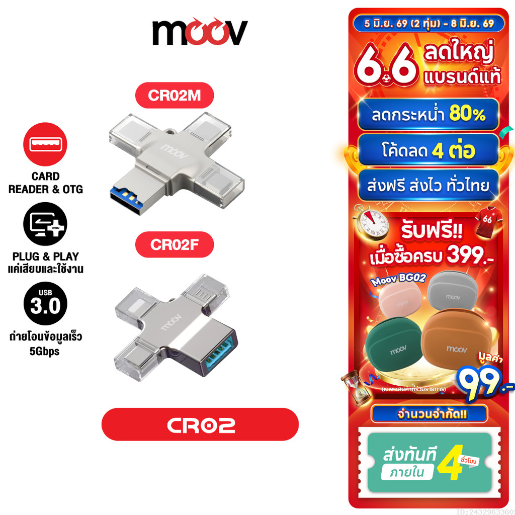 [ส่งไว] Moov CR02 4 in 1 Card Reader OTG USB 3.0 อแดปเตอร์ Type C Micro L Phone TF SD card แฟลชไดรฟ์