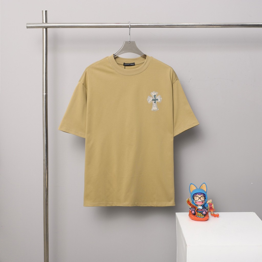 P0WO Chrom*CH Short-sleeved shirt with high-temperature heat-transfer cross design, loose and casual