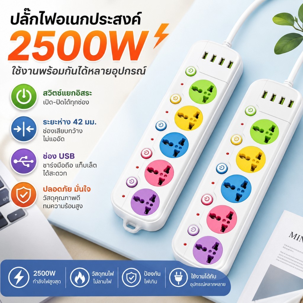 UPIN ปลั๊กไฟ 5ช่อง ปลั๊กพ่วง ผ่านมาตรฐาน มอก ปลอดภัย รับประกัน พร้อมสวิตช์แยกปลั๊ ปลั๊ก 4USB มอก 10 แอมป์ 2300W